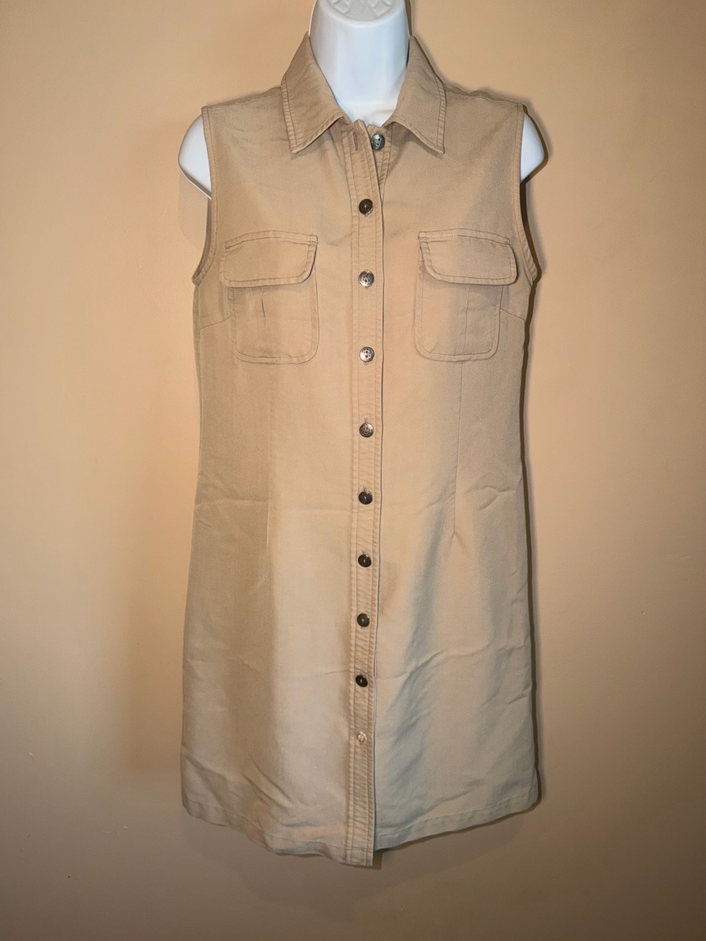Christopher & Banks Women’s Tan Sleeveless Button Down Shirt Dress
